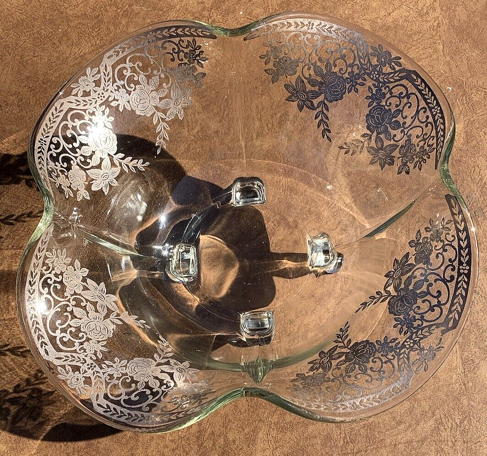 VINTAGE SILVER OVERLAY ROSE PATTERN LARGE FLUTED FOOTED CRYSTAL? FRUIT BOWL
