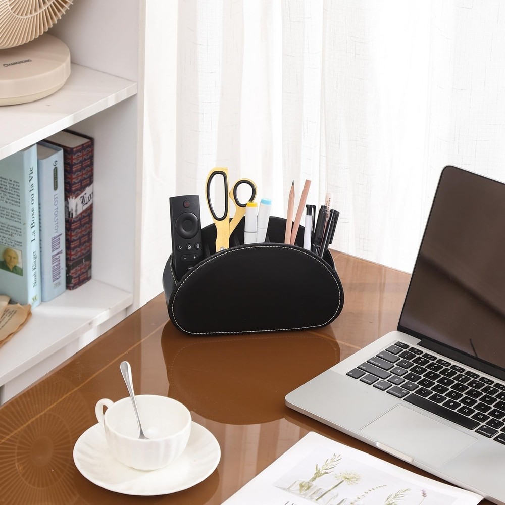 Remote Organizer, PU Leather Remote Control Holder for Bed with 5 Compartment...