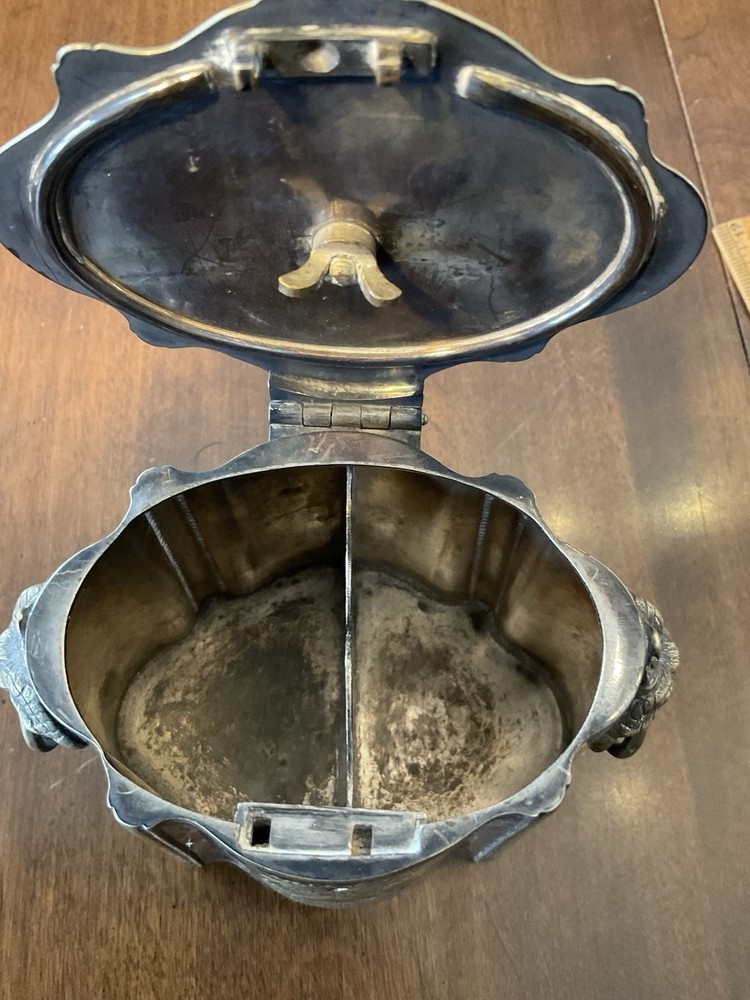 Antique Victorian Silverplate Silver Biscuit Tin / Tea Caddy Rams Head Etched