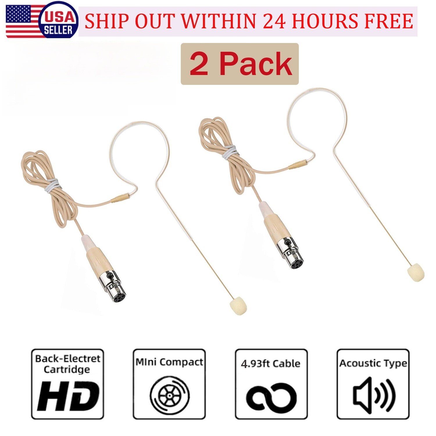 2x Beige Single Earhook Headset mini XLR Microphone for Shure Wireless-TA4F 4pin