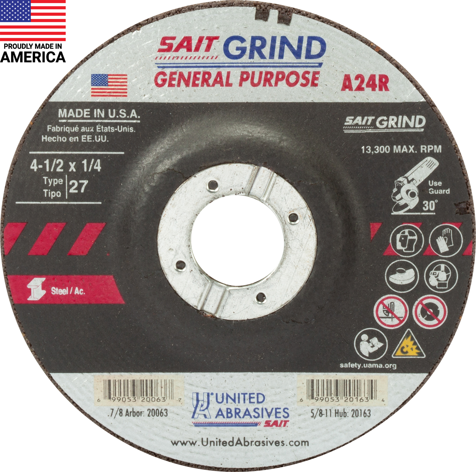 Sait 4.5" x 1/4 " x 7/8" Type 27 A24R Grinding Wheel Box of 25 - 20063