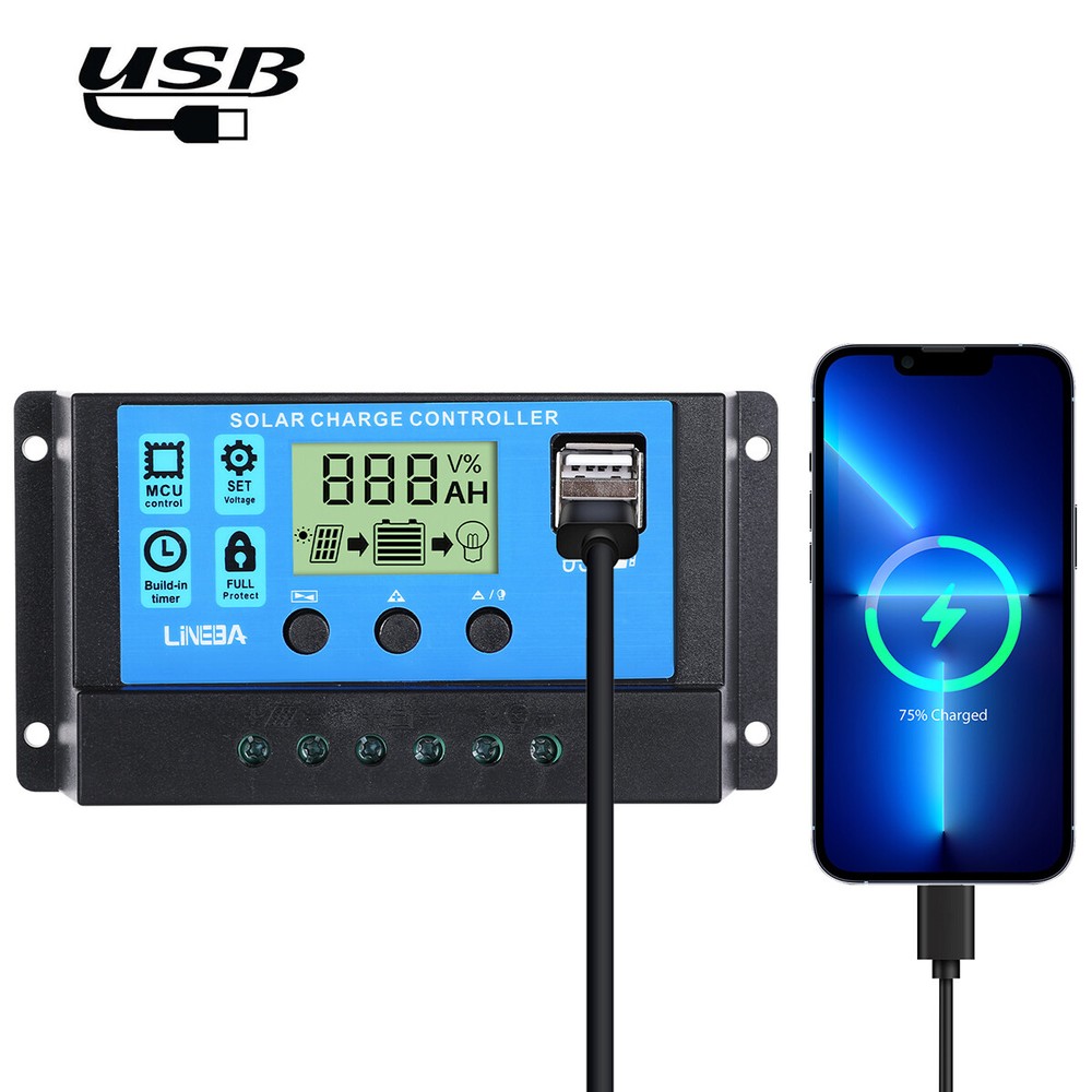 30A Solar Panel Battery Charge Controller 12V/24V LCD Regulator Auto Focus 2 USB
