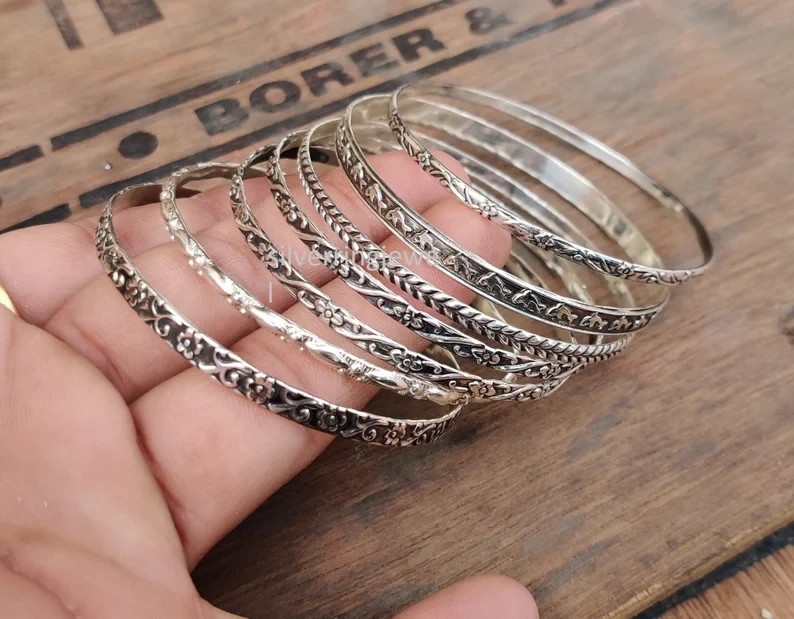 Handmade Sterling Silver Bangle Set: Stackable Designer Woman Gift Bangles Si88