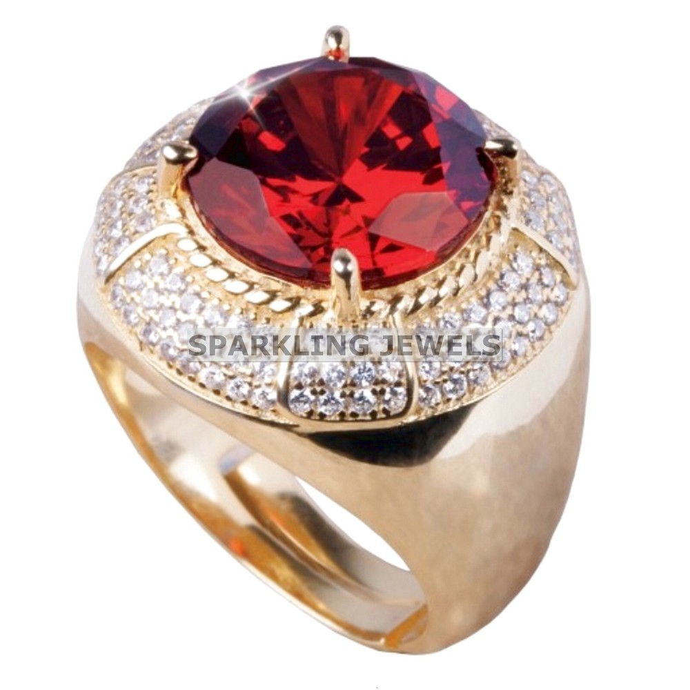 Lustrous Garnet Round Cut With 14K Solid Gold Ring For Men #C220