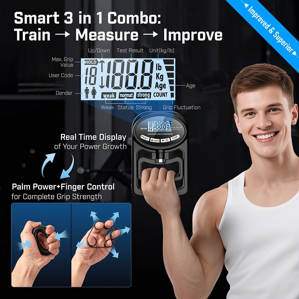 Hand Grip Strength Tester Trainer - Electronic Dynamometer Forearm black