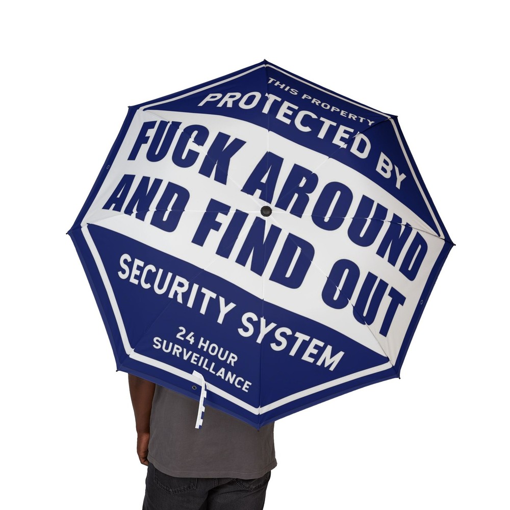 Protected By Security System Foldable Umbrella | Blue Warning Sign