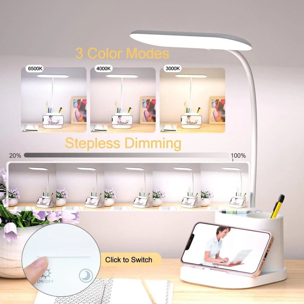 USB LED Desk Light Dimmable Bedside Reading Lamp Rechargeable Touch Control USA