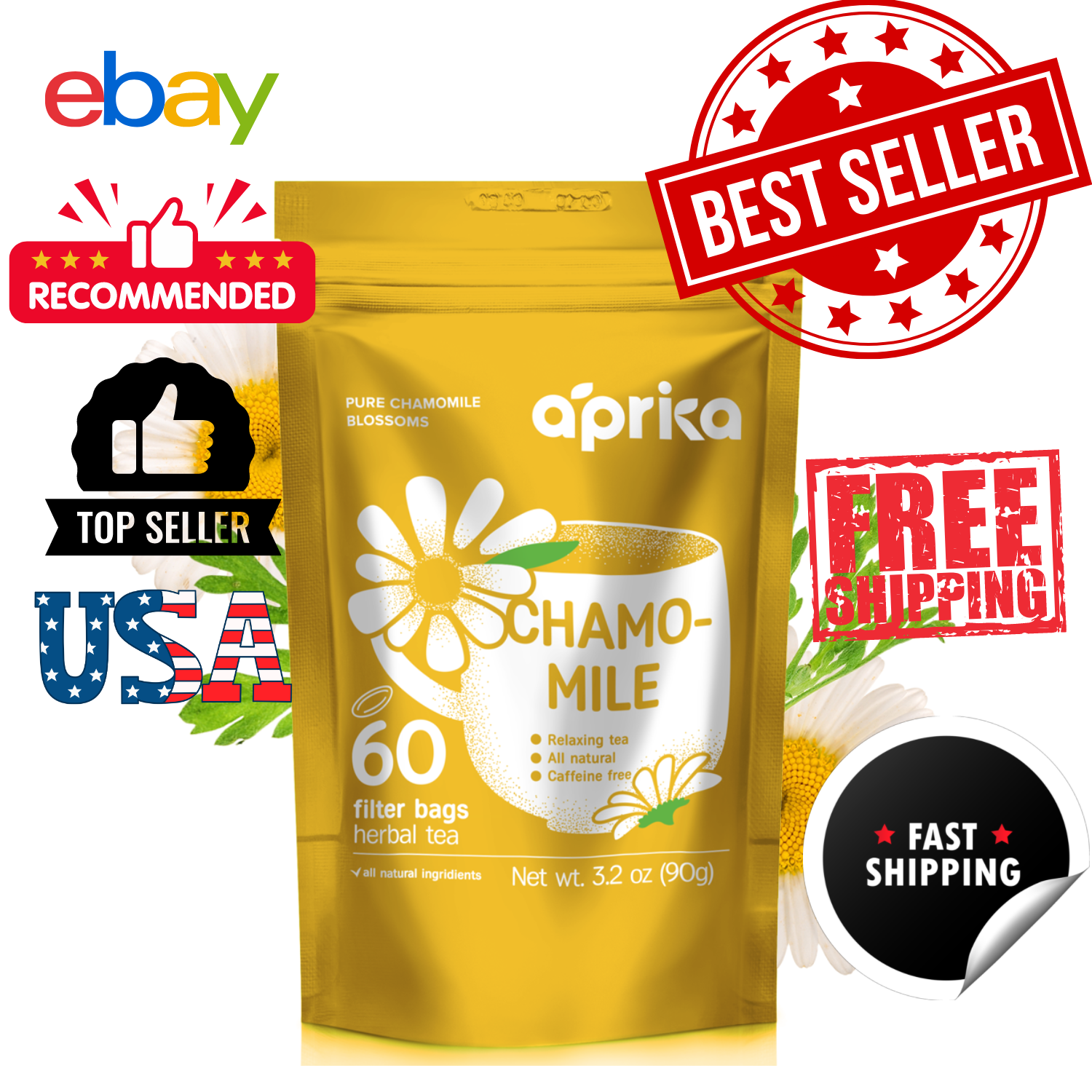 Pure Chamomile Tea - no stems, 100% Natural Herbal Tea, 60 bags, USA seller