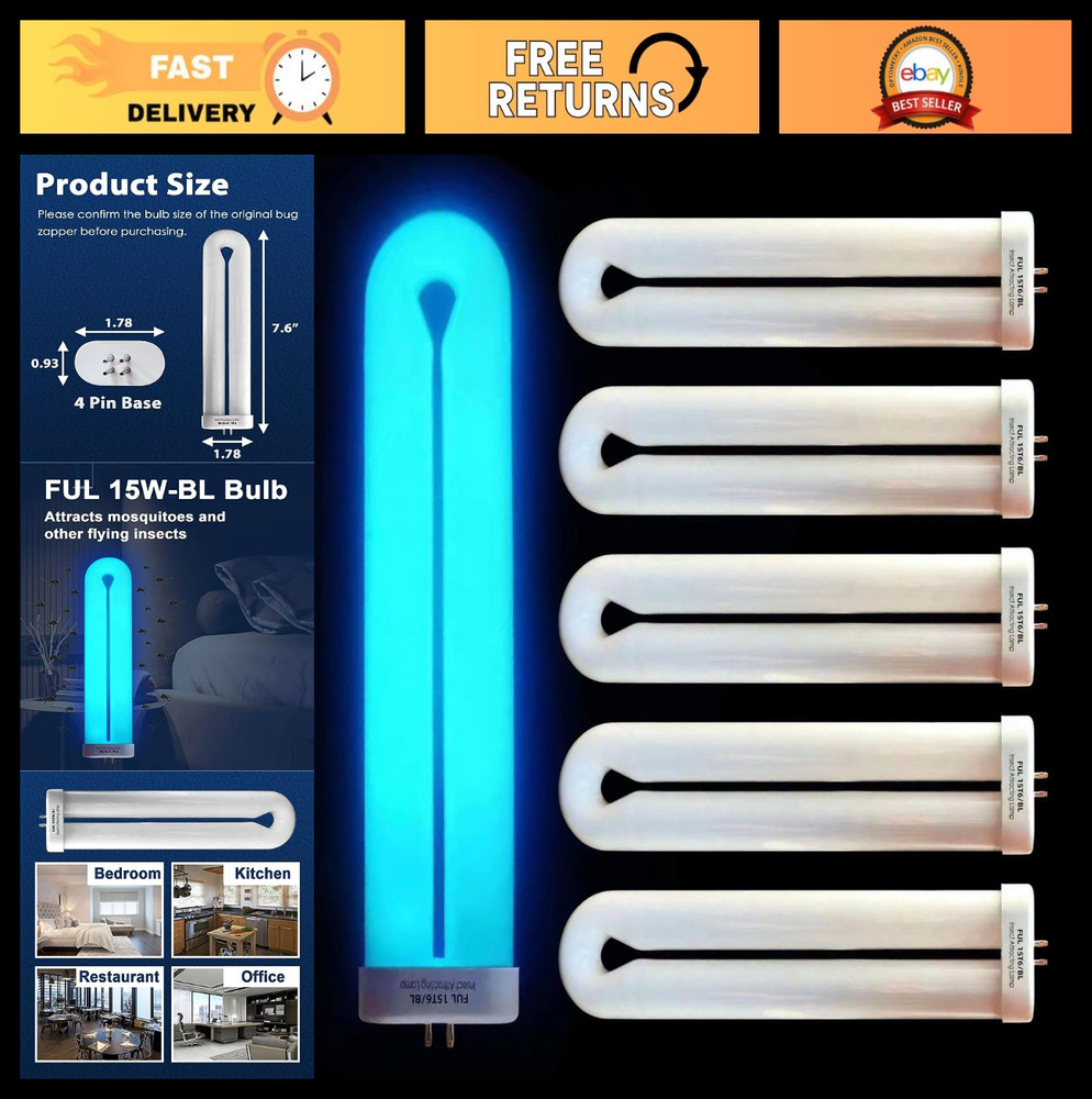 15W U-Shaped Bug Zapper Replacement Bulb, Insect Trap Light, 6 Pack, 7.7