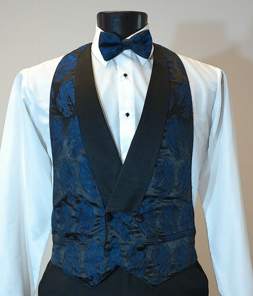 Blue (Feather Brite) Backless Vest w/ Pre Tied Bowtie & Pocket Square