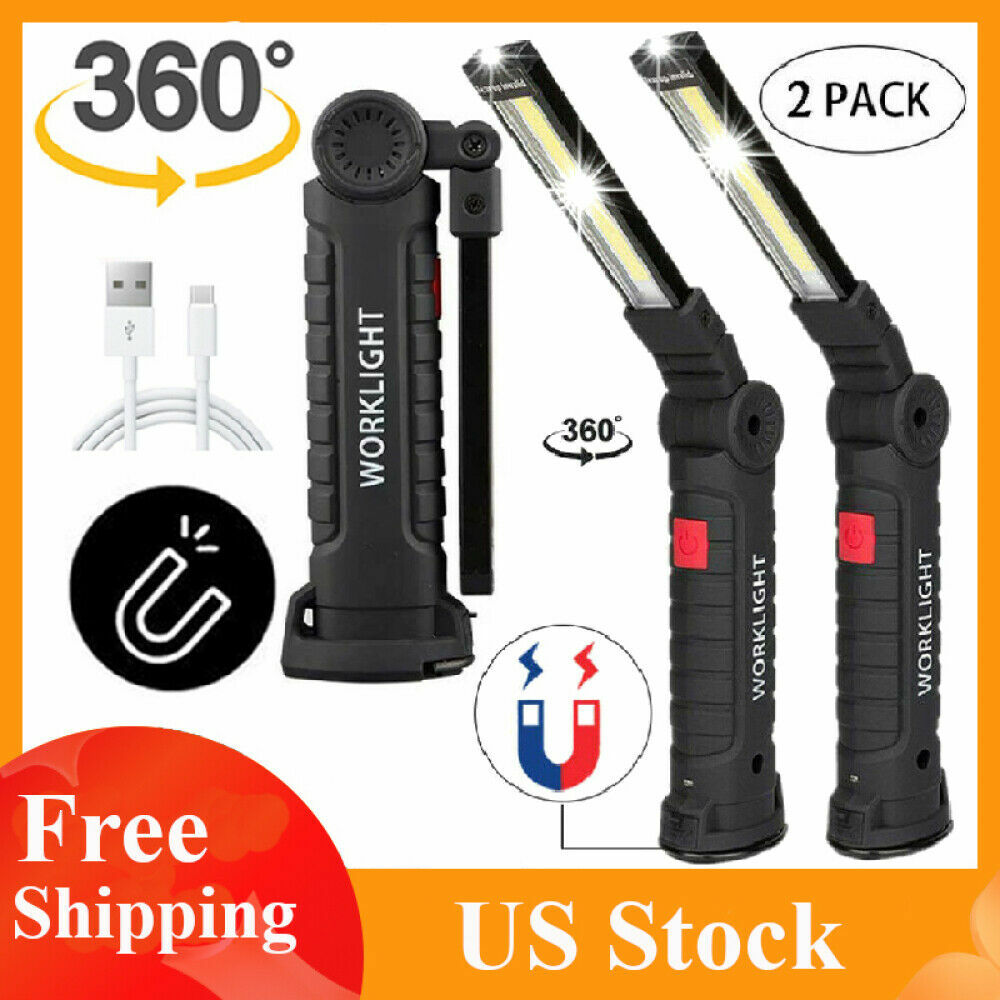 2 Super Bright USB Rechargeable COB LED Work Light Flashlight Folding Torch Lamp