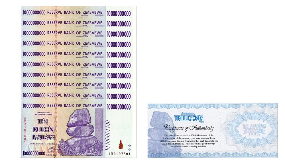 10 Zimbabwe 10 Billion banknote 2008, P-85 UNC bundle CoA Authentic trillion