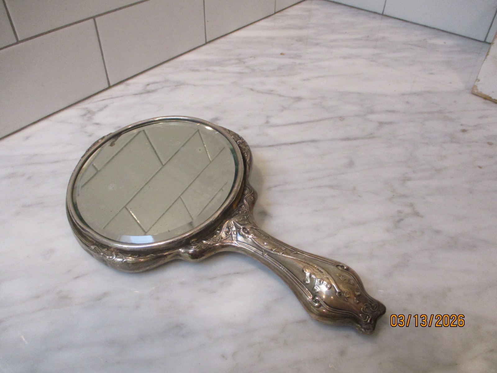 Antique Art Nouveau Sterling Silver Hand Mirror Embossed Flowers & Butterfly