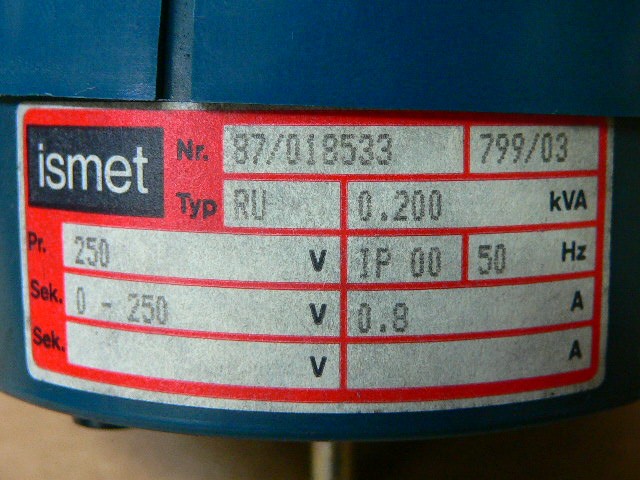 Ismet Typ Ru 0.200 Kva Variable Toroidal Transformer 250V 0.8A