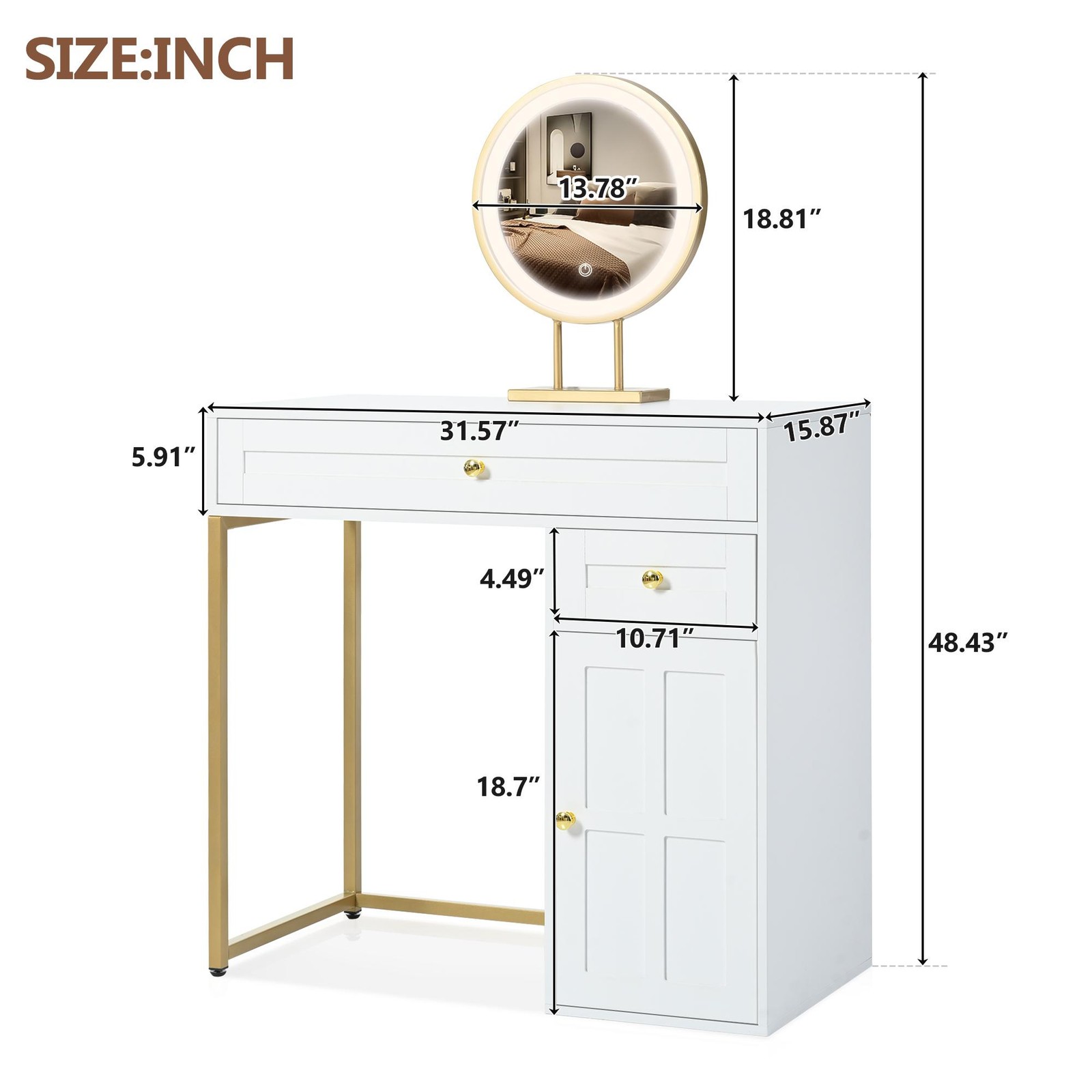 Vinsetto 31.5" Makeup Vanity Desk with Lighted Mirror, White+Gold