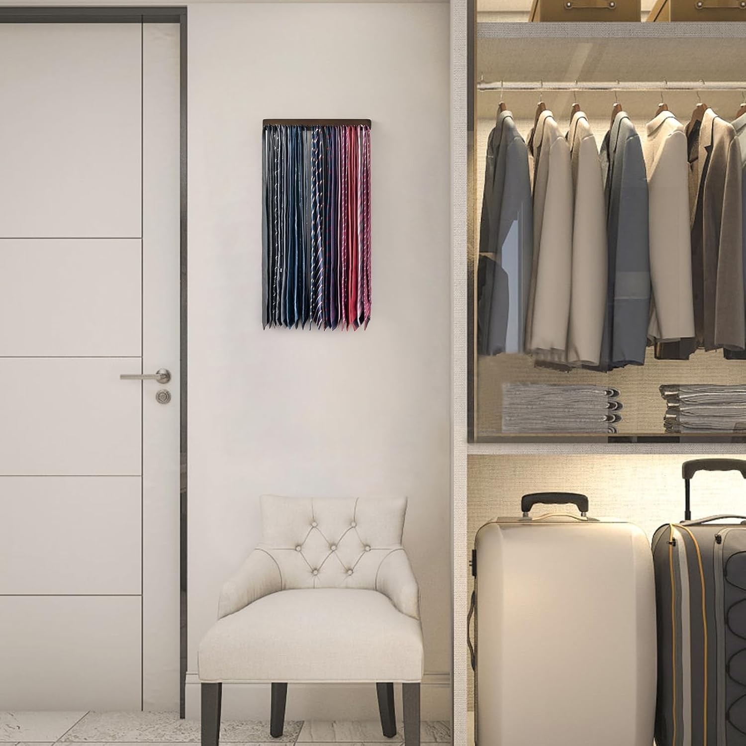 Tie Rack Wall Mounted Belt Hanger Holder Rustic Wood Tie Organizer for Men Close