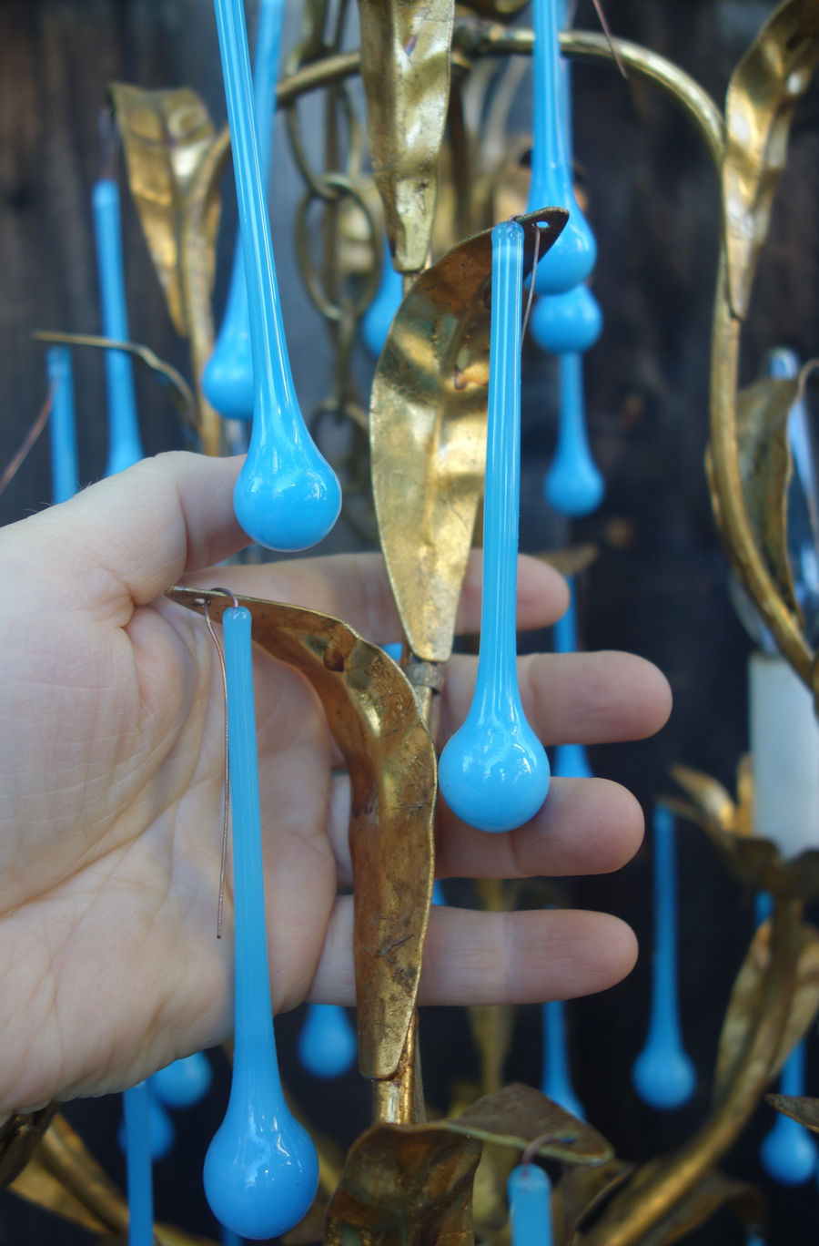 18 "Marble" Opaline Blue art glass lamp chandelier gilt sconce part 3.75" prism