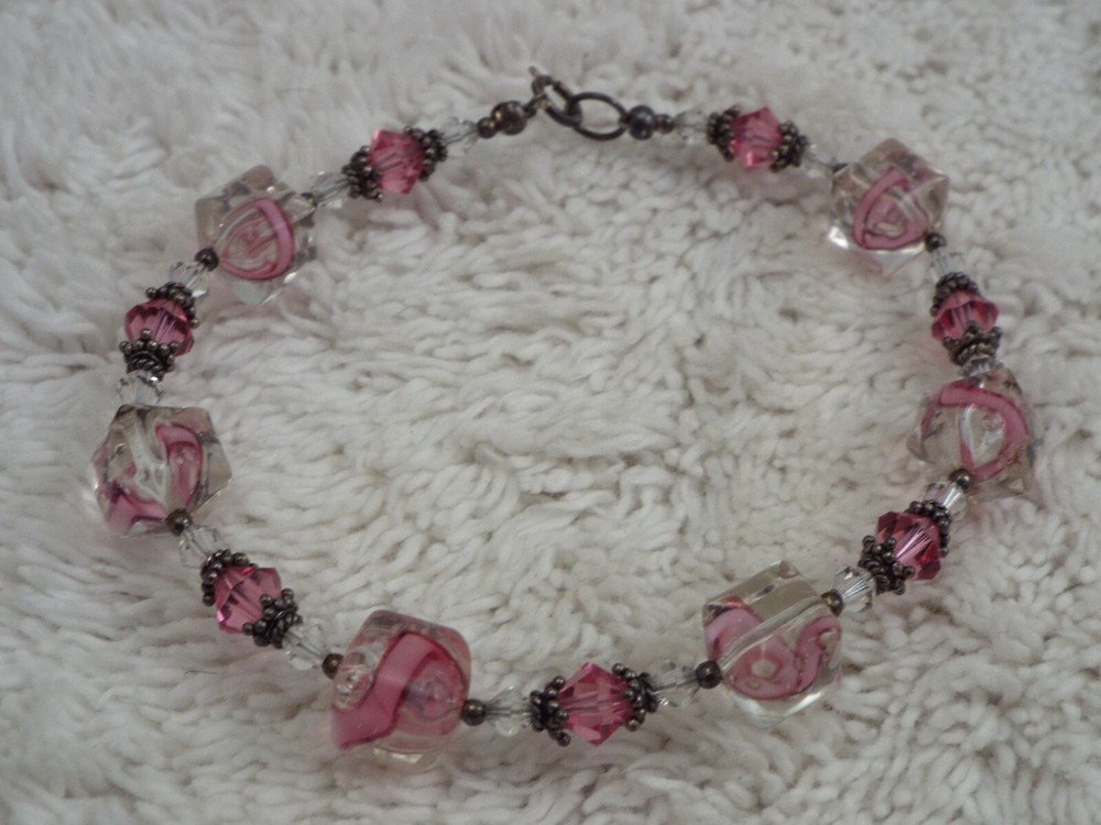 Silvertone Pink Glass Bead Bracelet