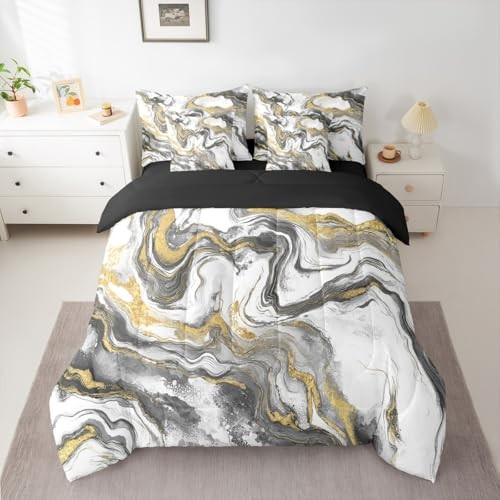 Marble Grain Size Bed Sheets and Comforter Set, Classic Full Grey White Gold