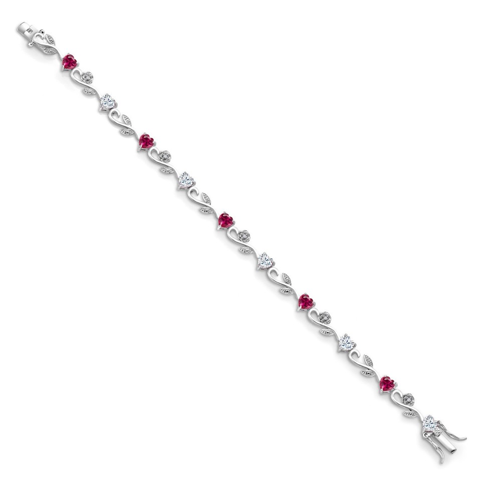 925 Sterling Silver Heart Shape White Moissanite Created Ruby and White Lab
