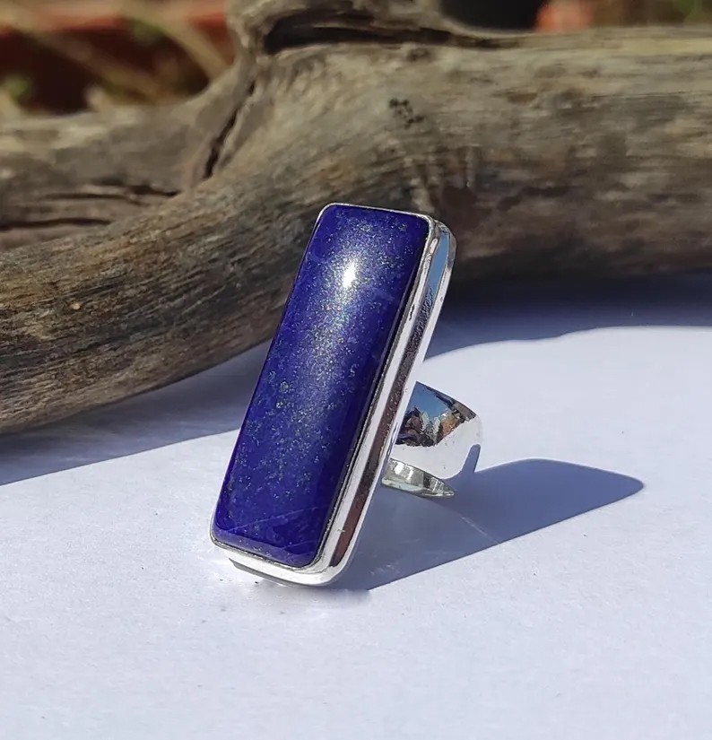 Solid 925 Sterling Silver Natural Lapis Lazuli Rectangle Blue Gemstone Band Ring