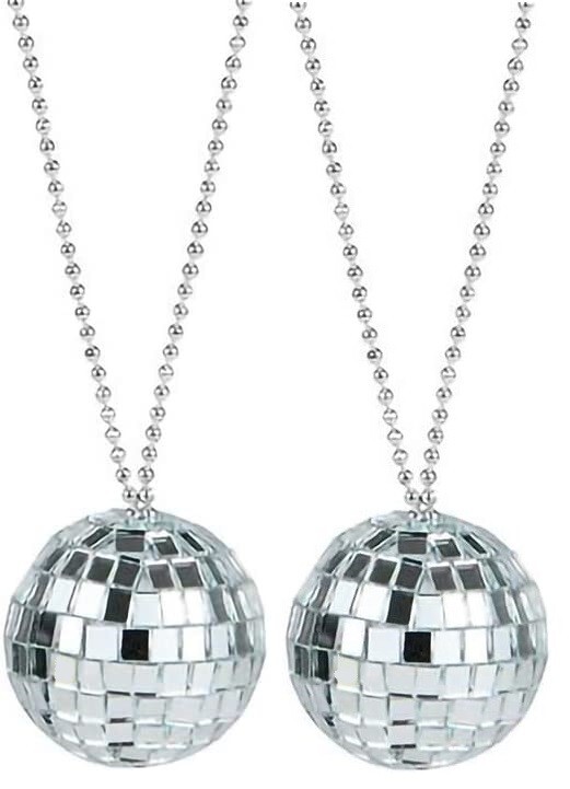 2 Pack - Silver 70s Bling Mirror Disco Ball (2") 26" Chain Necklace Costume  DJ