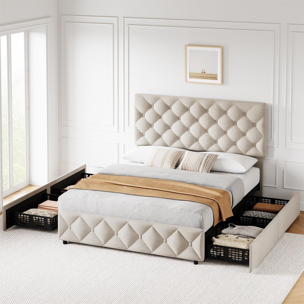 Full Size Bed Frame with 4 Storage Drawers and Headboard Upholstered Platform
