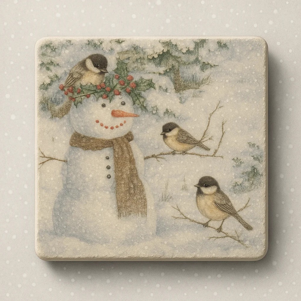 Snowman & Chickadee Winter Coaster Set (4-Pack) – Rustic Christmas Bird
