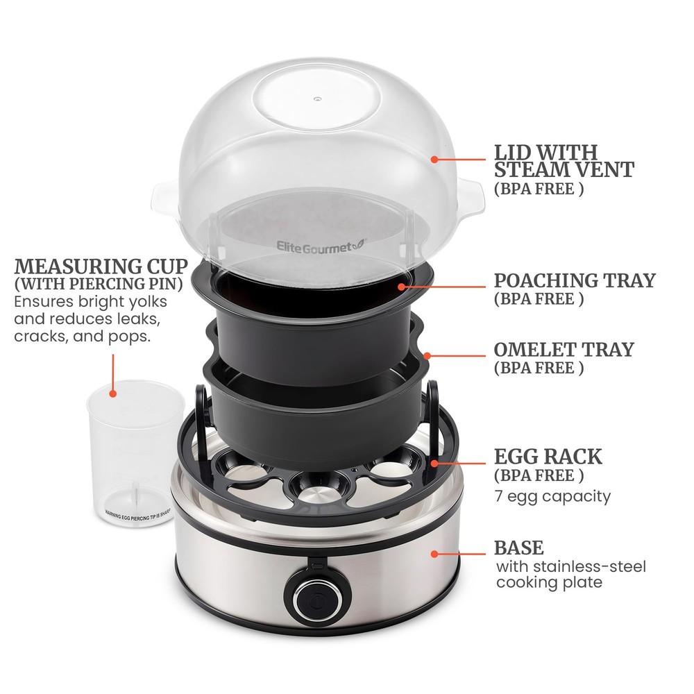 EGC855SS Easy Egg Cooker 7-Egg Capacity Soft Medium Hard-Boiled Omelets Poach...