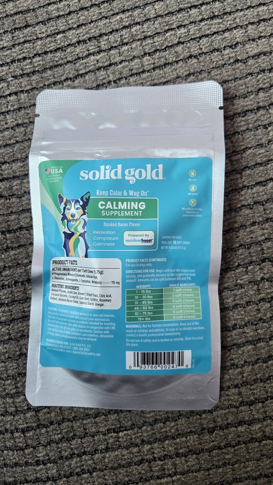 Solid Gold Dog Calming Chews 10 Soft Chews Anxiety Stress Relief Dogs Exp 8/26