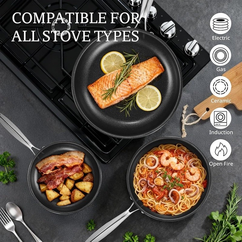 Titanium Ceramic Nonstick Frying Pan Set 5 Layer Durable Kitchen Cookware New
