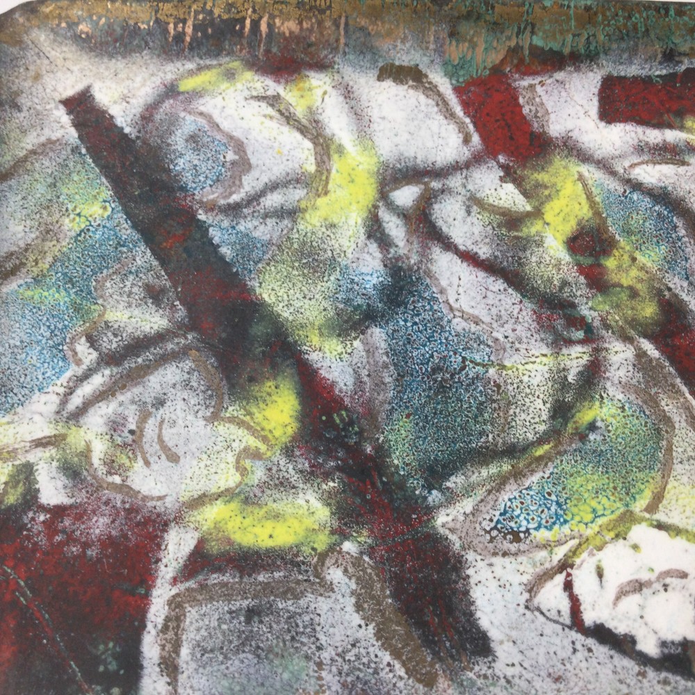 Vintage Copper Handmade Enameled Trinket Rectangular Abstract Dish 6"x5"