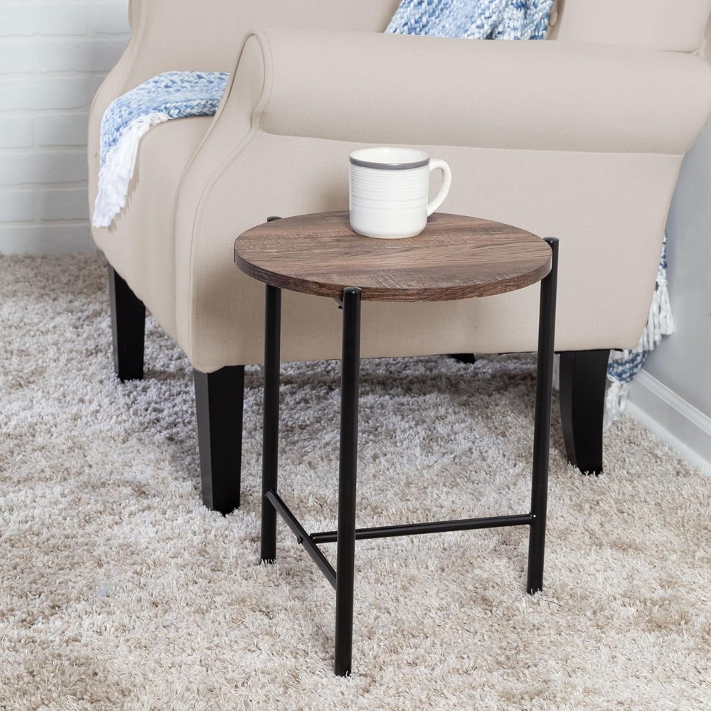 Round Side Table Accent End Table W/ Steel Frame Walnut