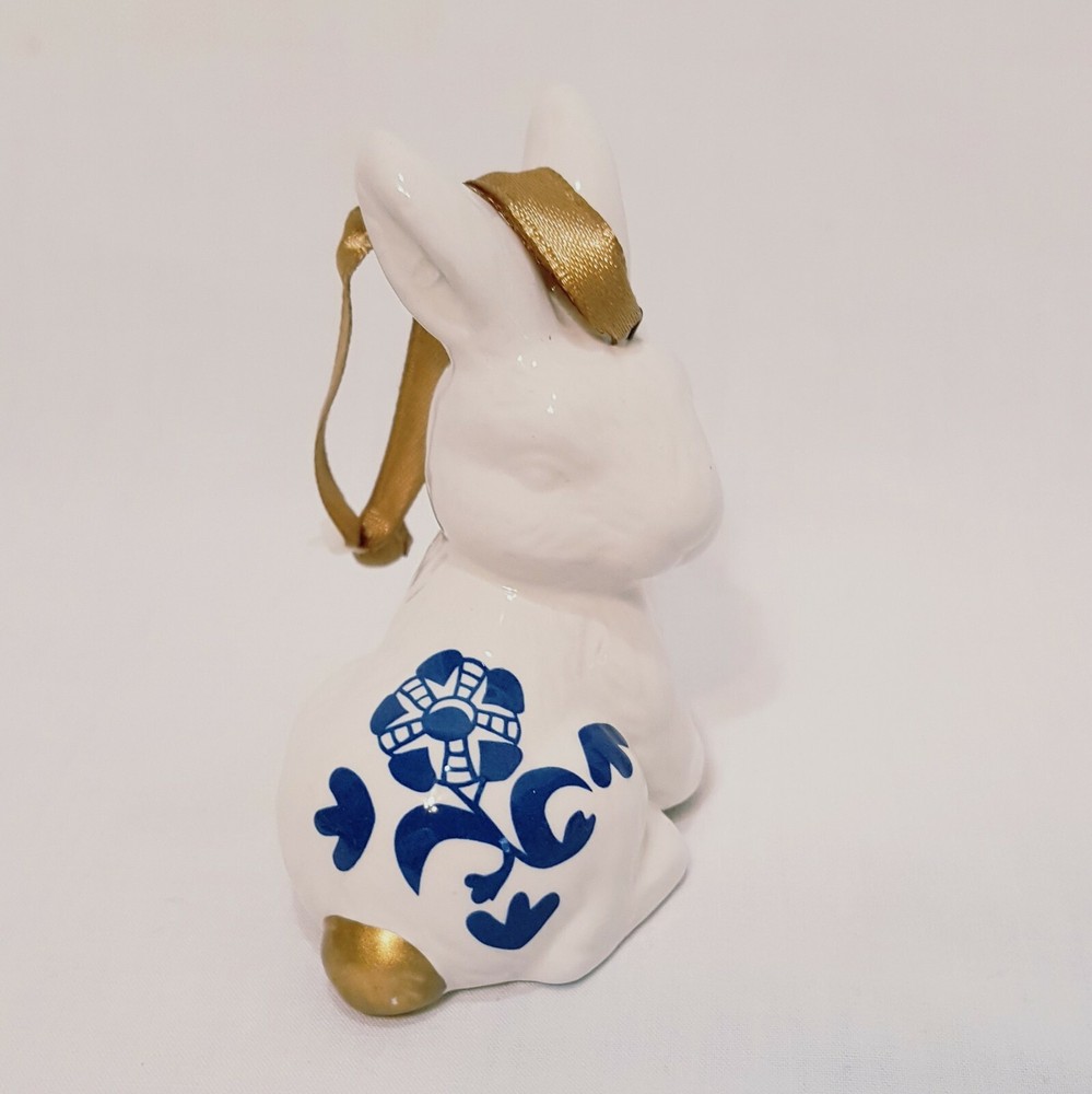 White Rabbit Blue Flower Ornament 3" Bunny Easter Ceramic