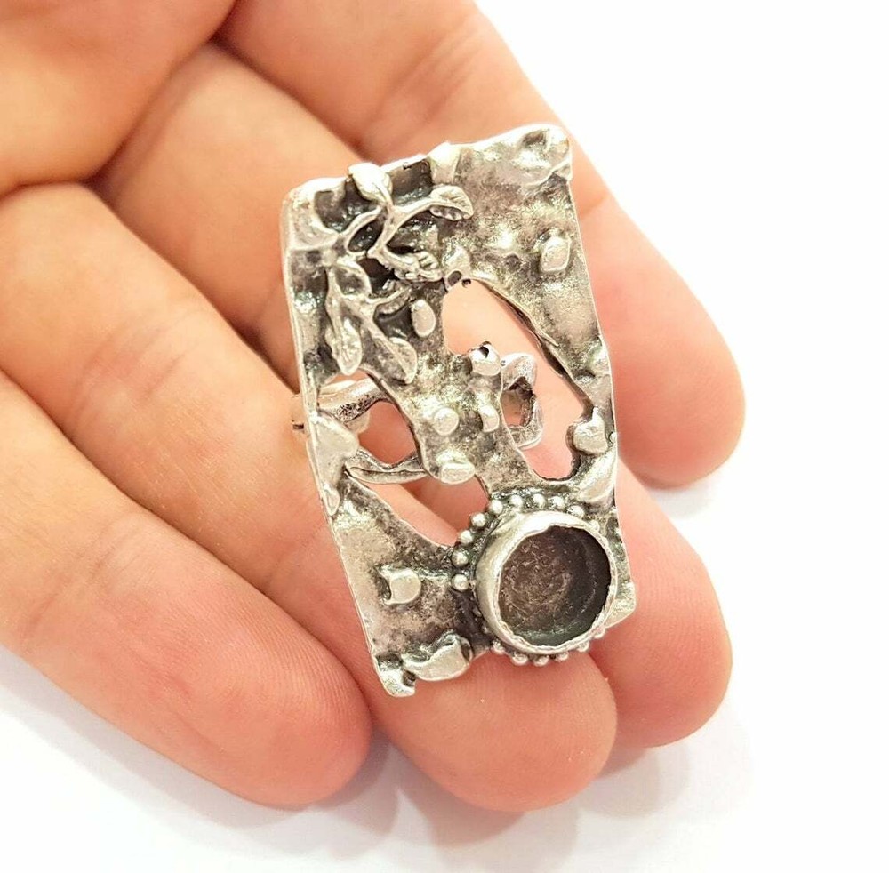 Ring Blank Base Bezel Settings Cabochon Adjustable Antique Silver Plated Brass