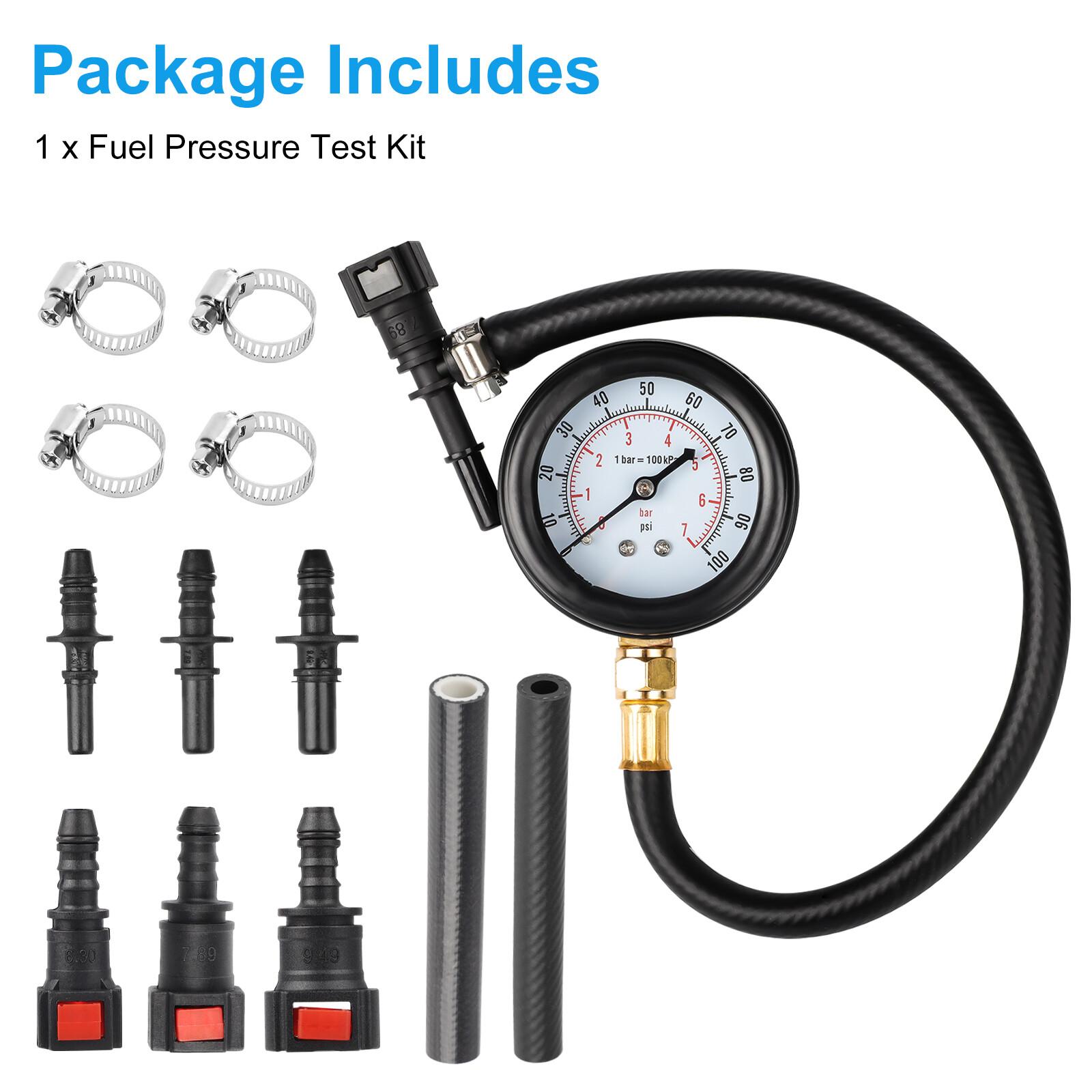 100PSI Fuel Injection Pressure Tester Gauge with 3 Quick Connectors Set for Cars