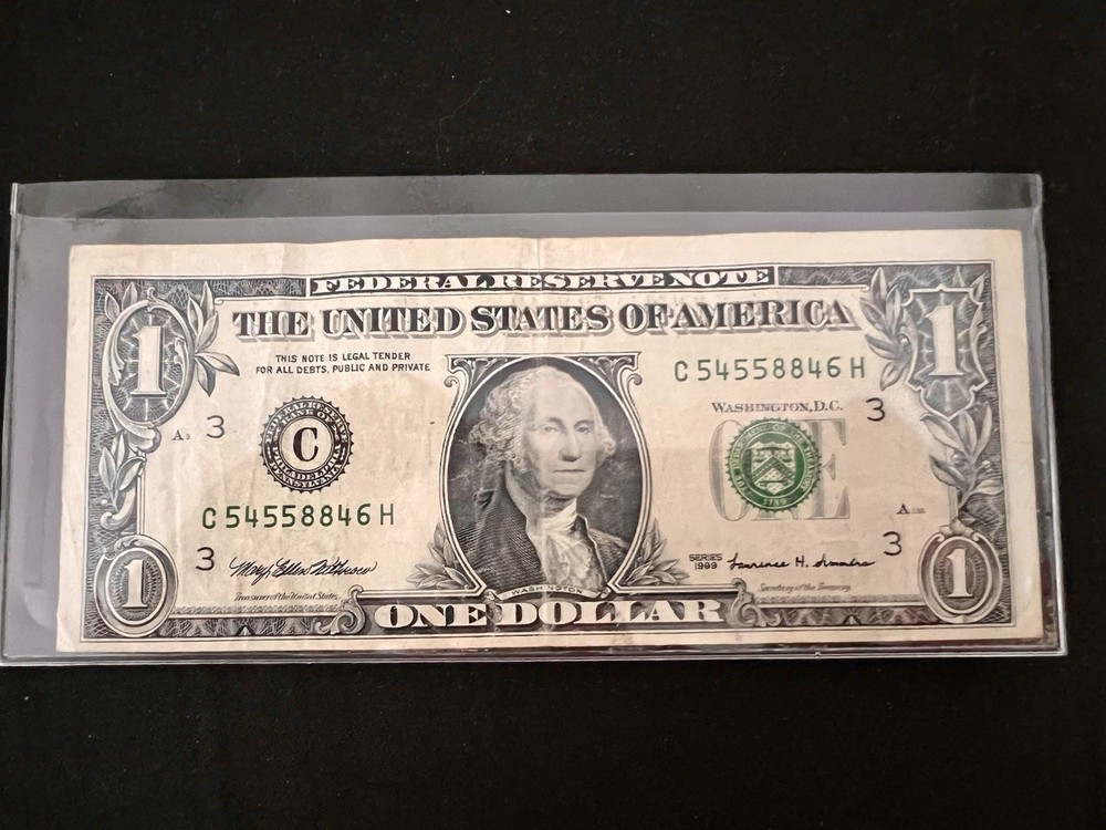 1 Dollar Bill Misprint Misaligned Miscut 1999 Circulated