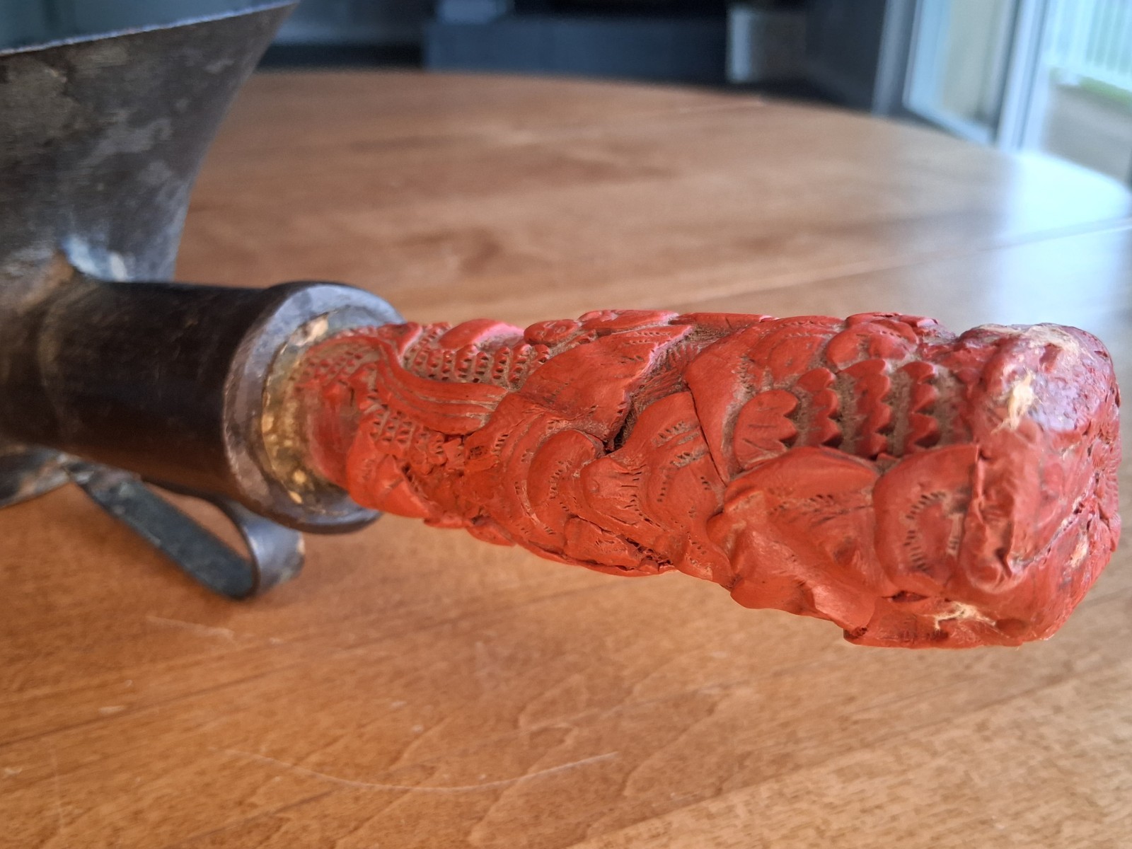 Antique 12" Big Chinese Bronze Silk Iron w/ Carved Cinnabar Handle, Hole Shown