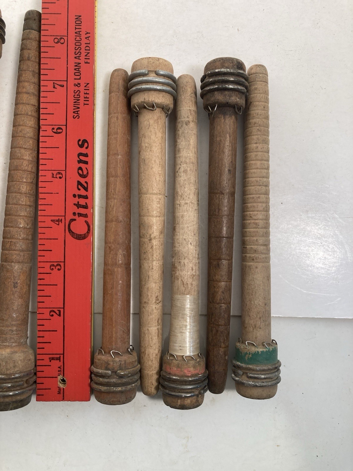 Wood Bobbins Quills Vintage Factory Reclaimed, 8 3/4 and 7 3/8", lot of 10