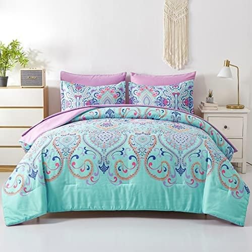 Comforter Set, 5 Piece Bed in a Bag, Boho and Lilac Damask Medallion Twin Aqua