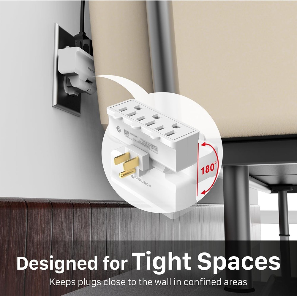 Three way rotating outlet plug adapter right angle wall extender grounded