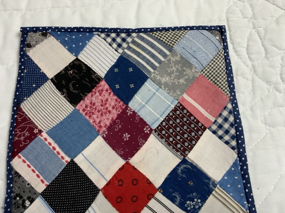 Vintage Patchwork Quilt Table Topper, Four Patch, Early Calico Prints, Blue, Red