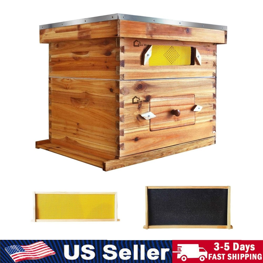 10-Frame Complete Beehive Frame Kit Wax Coated w/ 1 Deep Box 1 Medium Bee Box