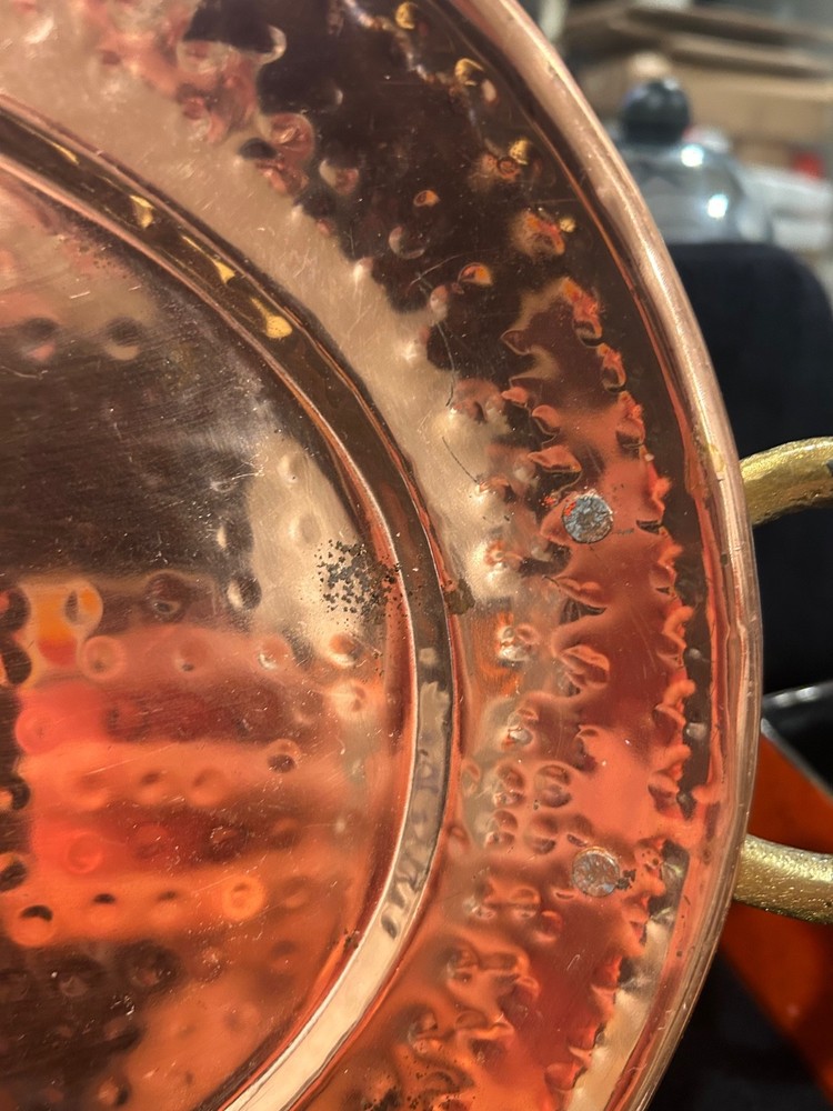 hammered copper oval serving tray with brass colored handles
