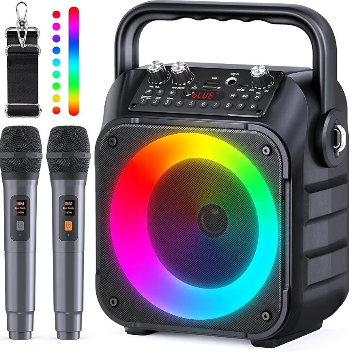 Karaoke Machine, Portable Bluetooth Speaker with 2 Wireless Microphones for...