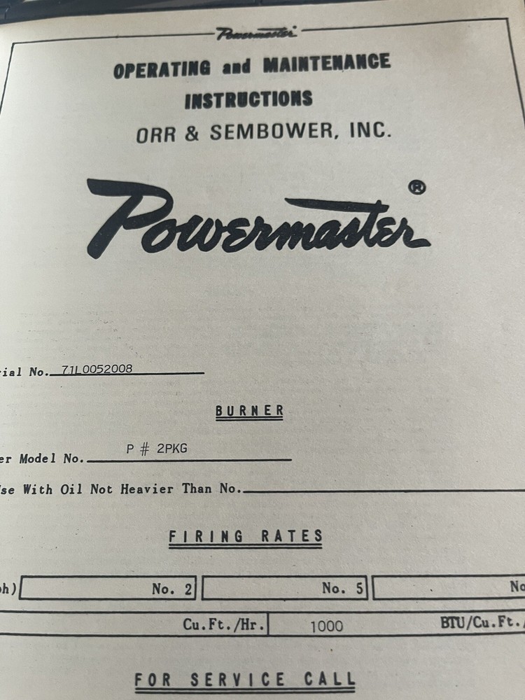 Powermaster Burner Model P # 2PKG Operating and Maintenance Instructions