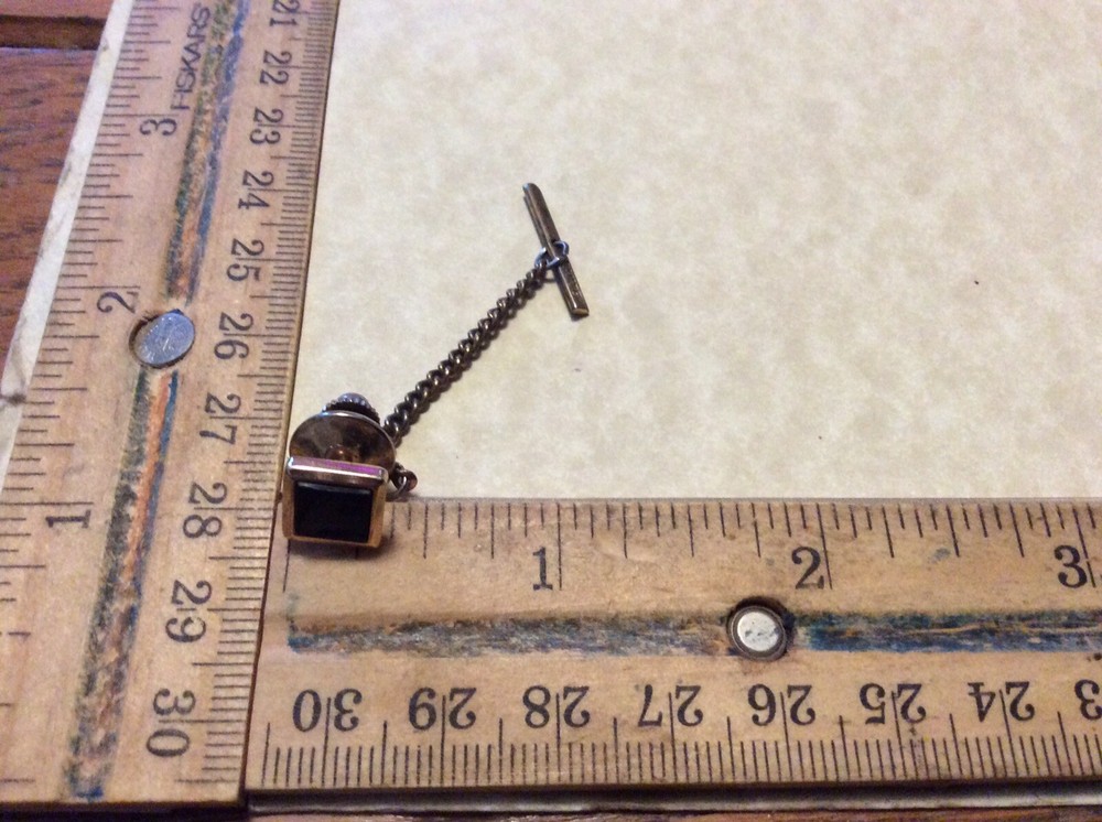 Silver Tone Square Black Smooth Stone Tie Tack Pin