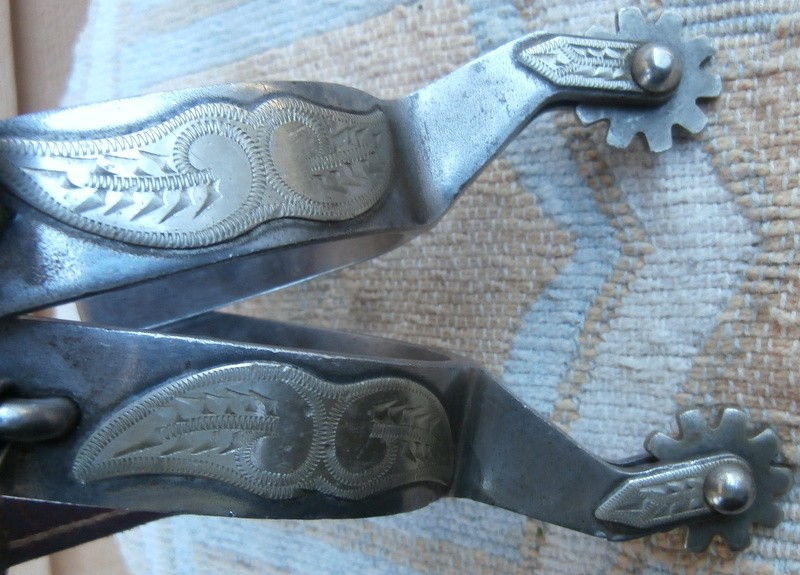 Vintage Crockett Renalde Mustache Silver Overlay Horse Spurs and Leather Straps