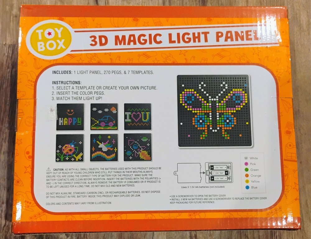3D MAGIC LIGHT PANEL, Includes 270 pegs, 7 templates, Light Bright Glowing Pegs!