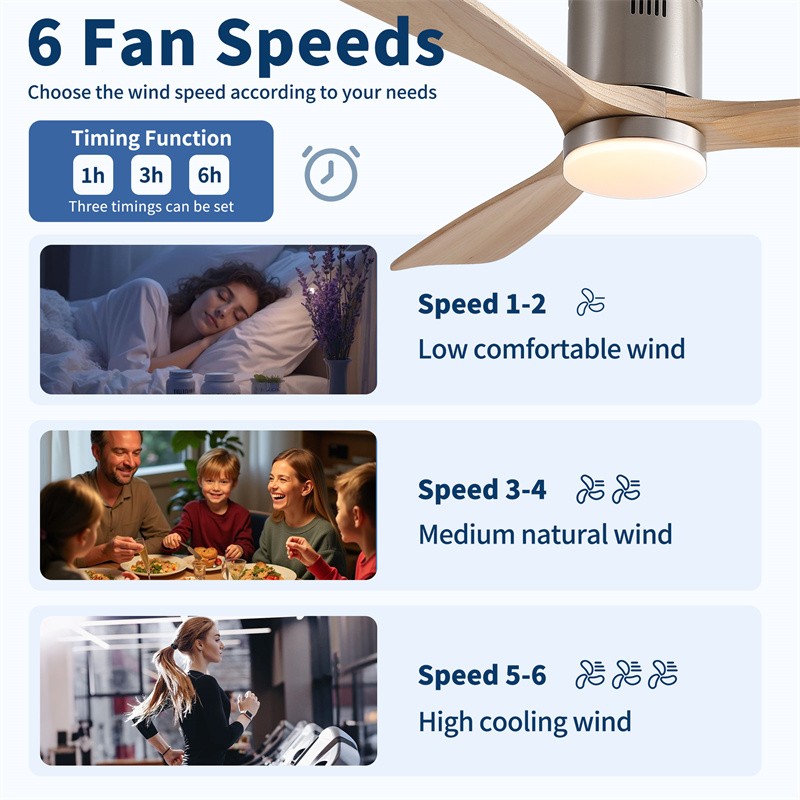 52" Modern Flush Mount Solid Wood Ceiling Fan Reversible w/Wall Switch/Remote